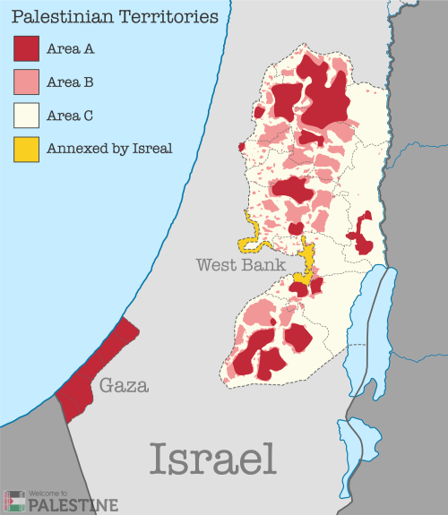 De fragmentatie van Palestina in ‘Area’s’ door Israël. Wie van het ene naar het andere gebied wil, moet meerdere checkpoints voorbij.
