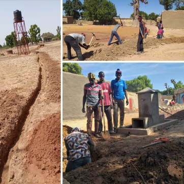 De mannen van het dorp werken samen aan de bouw van het waterreservoir.
